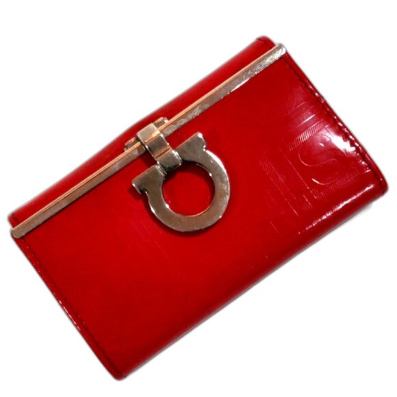 Ferragamo Red Leather 6-Key Holder – Gancini Clasp Wallet w/ Card Slot 4" x 2.5" - Picture 8 of 13